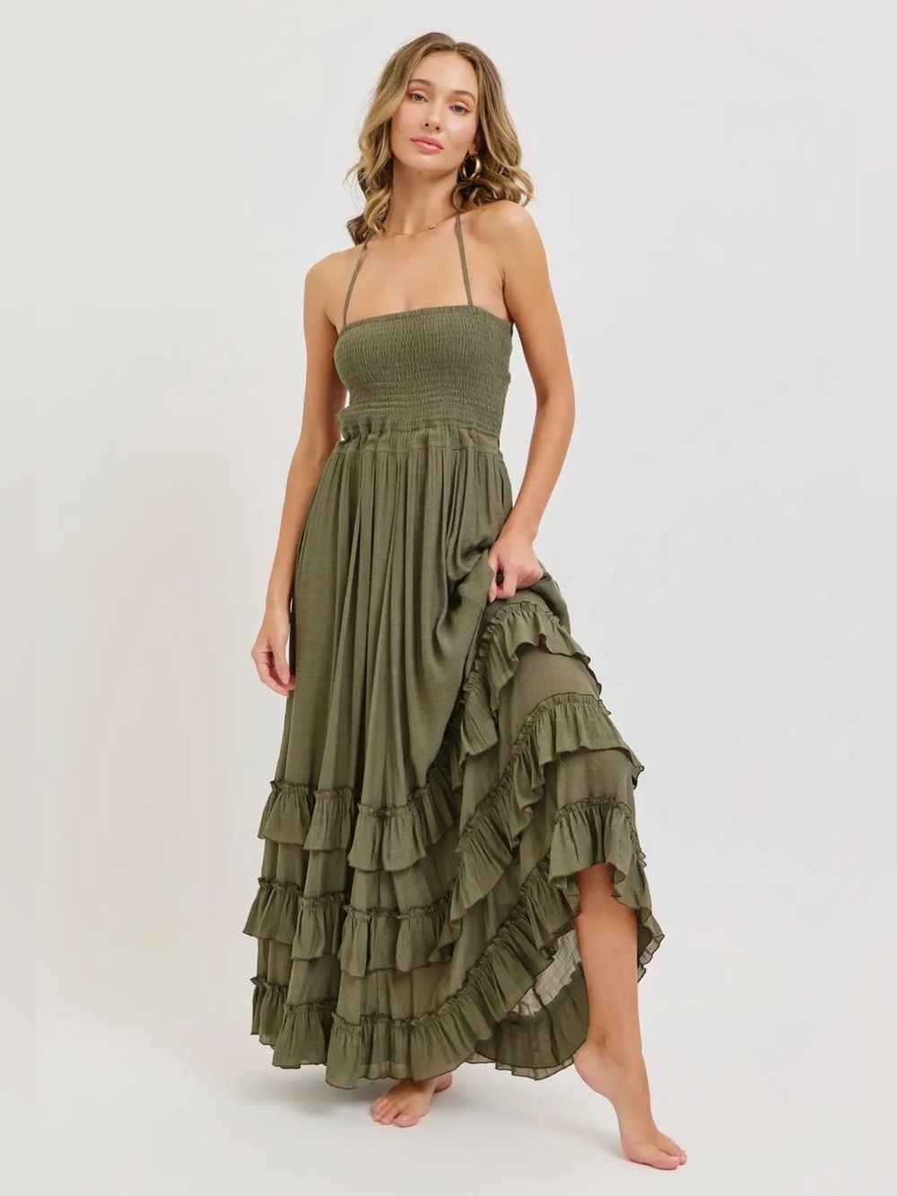 Vegan Fair Trade Sweet Lovely by Jen Halter Smocked Ruffled Green Maxi Dress